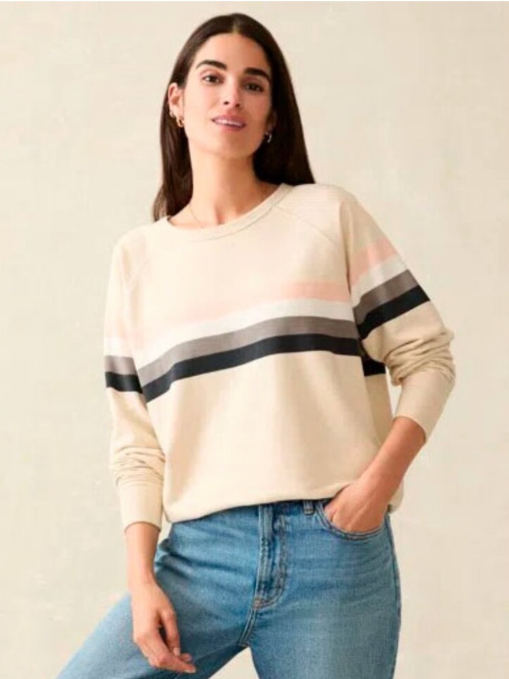 Faherty Coastal Cloud Crew Sweatshirt Cream Striped Womens Pima Cotton Sz M
